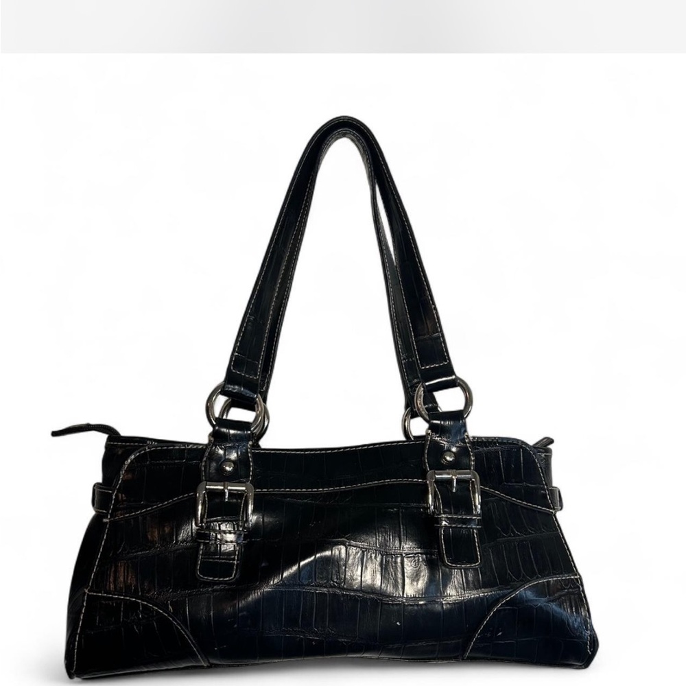 East 5th Black Shoulder Bag with Croc-Embossed Design